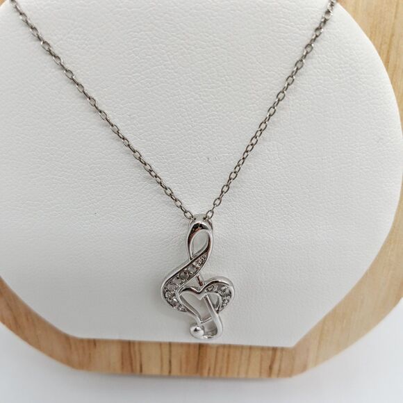 Treble Clef Heart Sterling Silver Diamond Chip Necklace music note - Picture 2 of 5